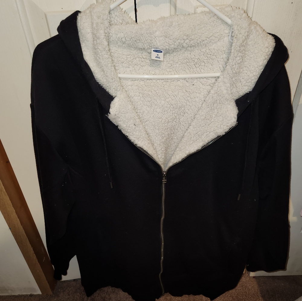 Women's Old Navy Oversized Zip Up Black Sherpa Hoodie